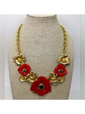 Talbots Red Enamel Goldtone Flower Statement Necklace EUC 17 1/2"+3"